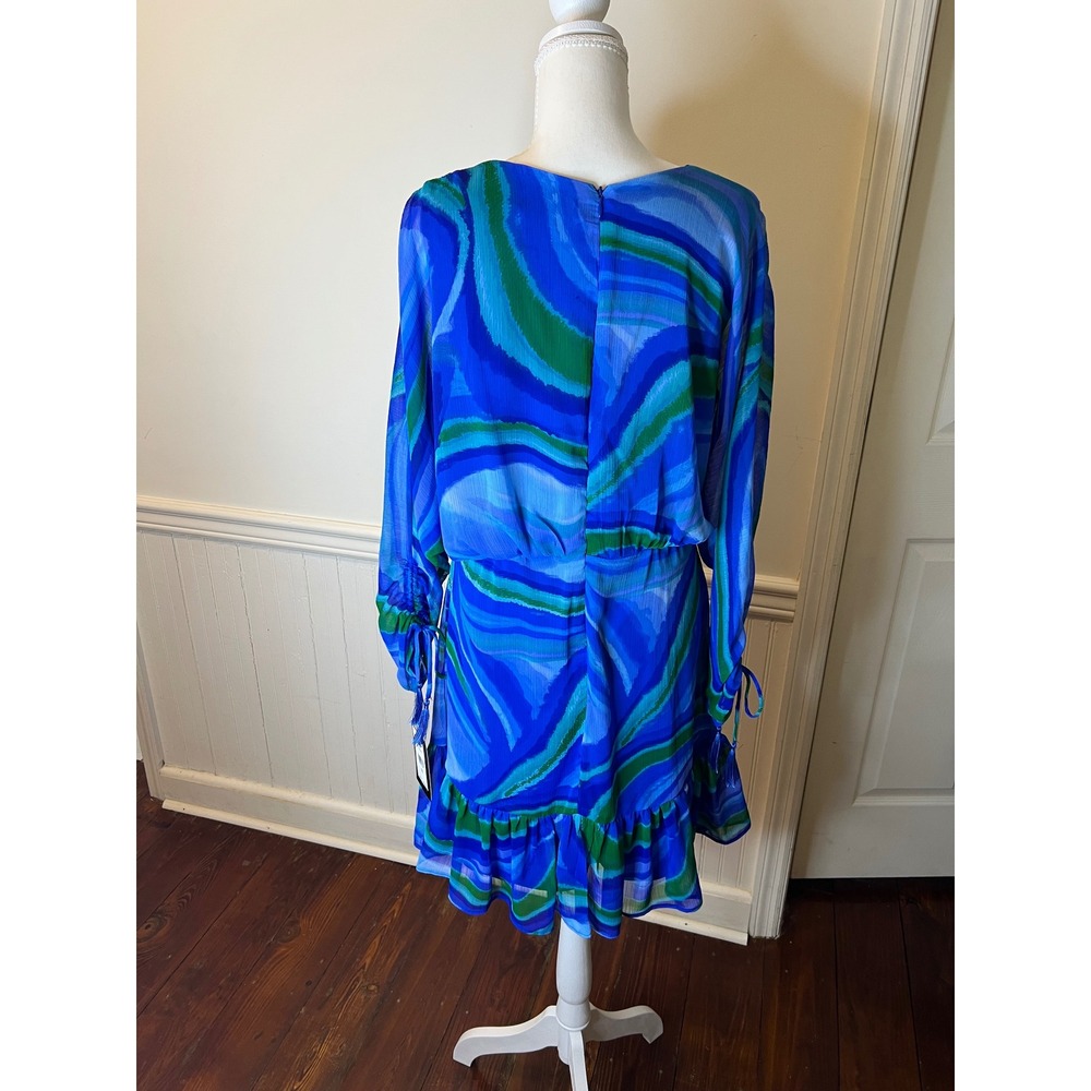 Kelly Grace Blue Swirl Print V-Neck Ruffle‎ Mini Dress Blue Green NWT size 10 - Picture 7 of 9